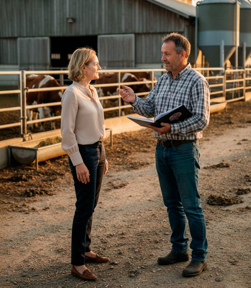 Rosa Ramón hablando con el propietario de un negocio agropecuario en Mallorca
